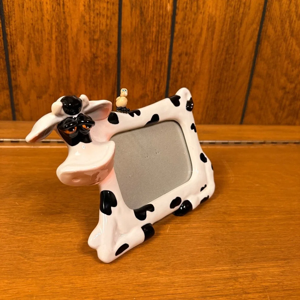 White Black Spotted Cow Bird Ceramic Picture Frame Russ Berrie Retro One Size